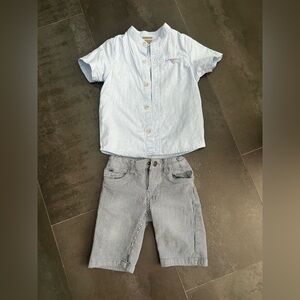 Blue Short-Sleeve Button Shirt and Jean short set for boys, Brand:Vertbaudet, 4T